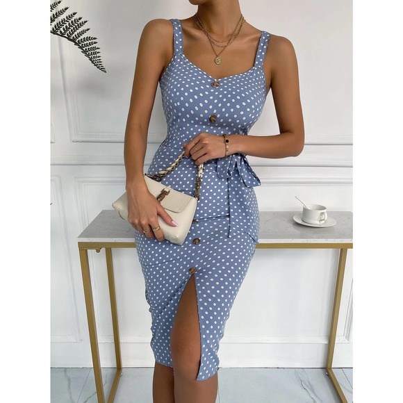 Polka Dot faux Button down Split Hem Belted Cami Bodycon Dress blue - Picture 4 of 6